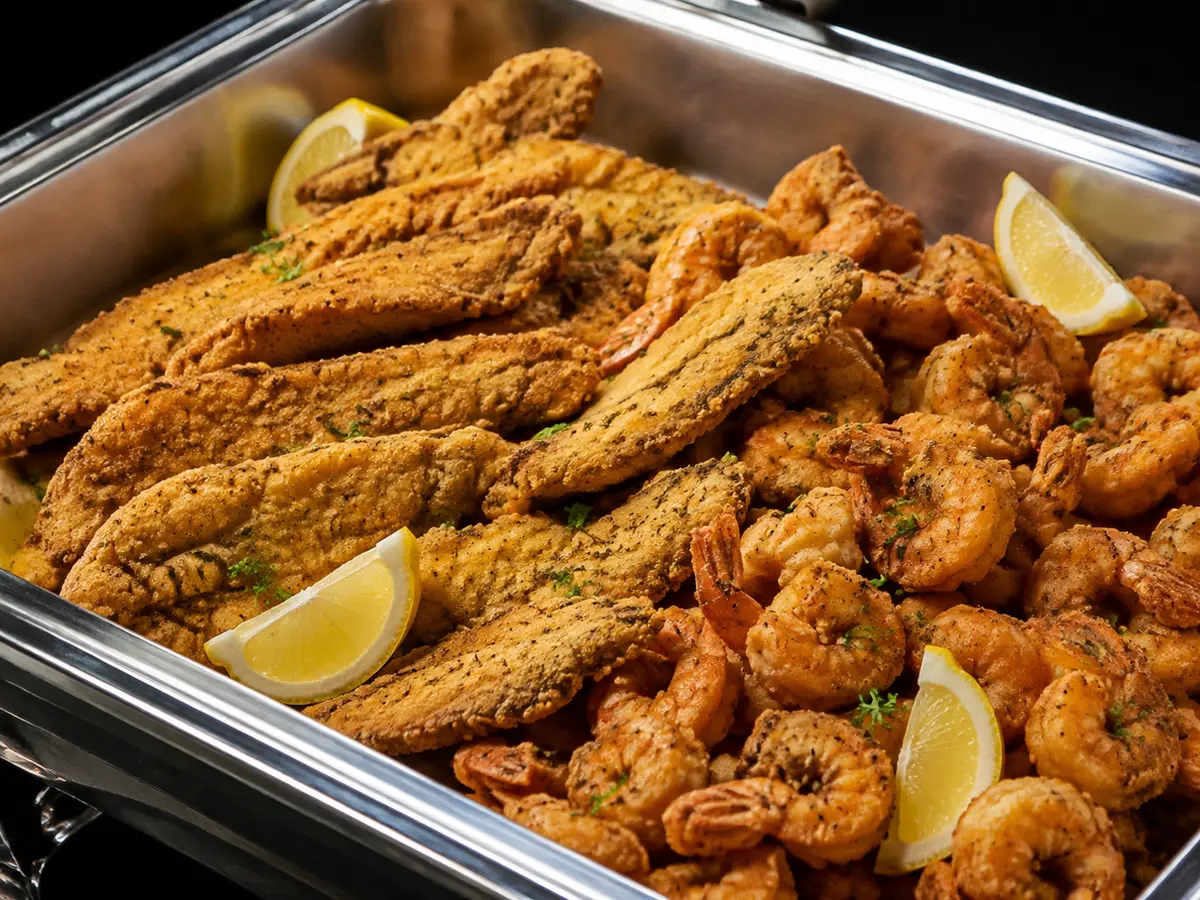 Catering tray of fried catfish and shrimp